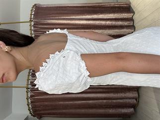 Kendinden Desenli Balon Kol Uzun Elbise Beyaz