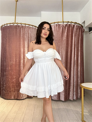 Kol Detay Mini Elbise Beyaz