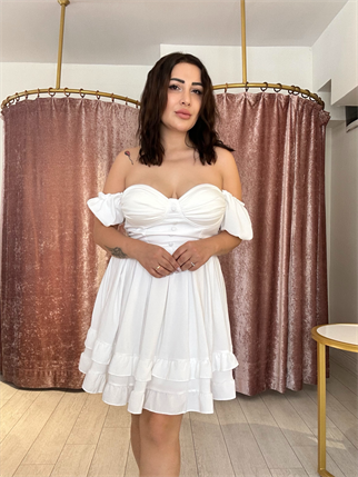 Kol Detay Mini Elbise Beyaz