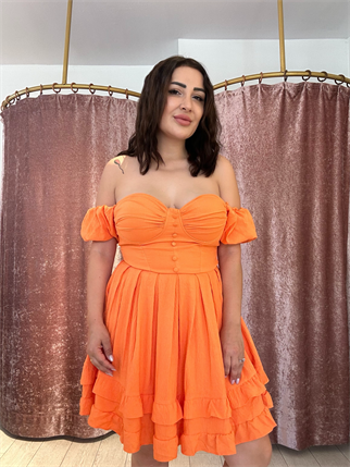 Kol Detay Mini Elbise Turuncu