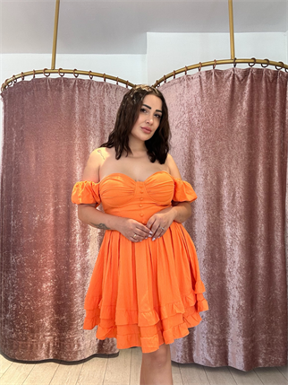 Kol Detay Mini Elbise Turuncu