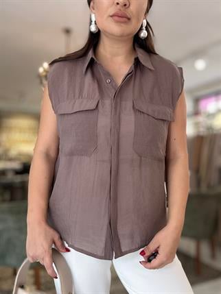 Körük Cepli Kolsuz İnce Gömlek Kahve