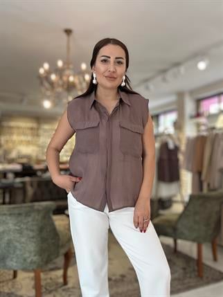 Körük Cepli Kolsuz İnce Gömlek Kahve
