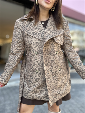 Leopar Desen Kemerli Trençkot 