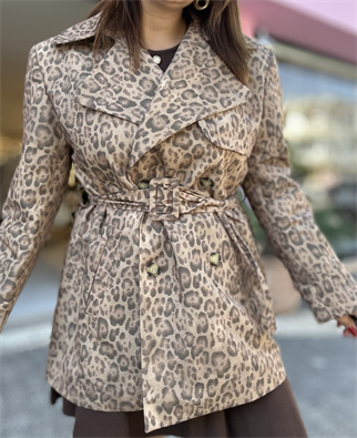 Leopar Desen Kemerli Trençkot 