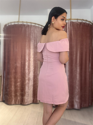 Omuz Detay Mini Elbise Pudra