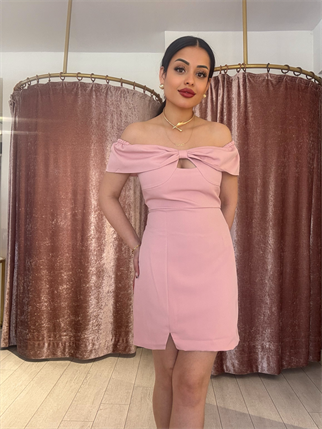 Omuz Detay Mini Elbise Pudra