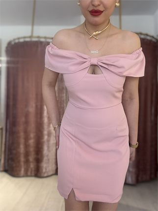 Omuz Detay Mini Elbise Pudra