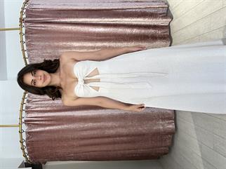 Ön Detay Sırtı Lastikli Straplez Uzun Keten Elbise 