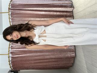 Ön Detay Sırtı Lastikli Straplez Uzun Keten Elbise 