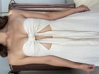 Ön Detay Sırtı Lastikli Straplez Uzun Keten Elbise 