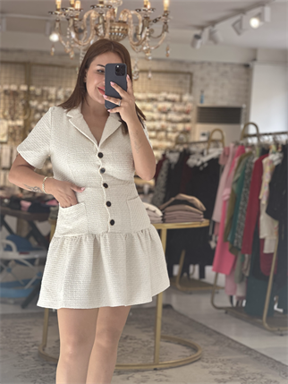 Önden Cepli Düğme Detay Tüvit Elbise Krem 