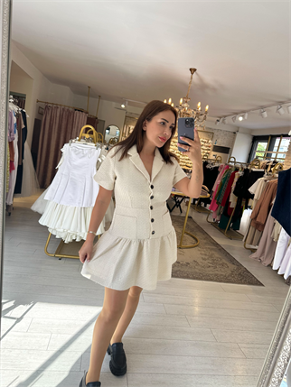 Önden Cepli Düğme Detay Tüvit Elbise Krem 