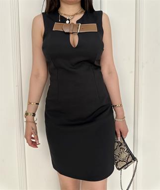 Önü Kemer Detaylı Kalın Askılı Mini Elbise Siyah