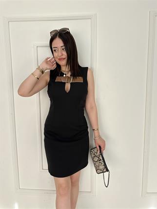 Önü Kemer Detaylı Kalın Askılı Mini Elbise Siyah