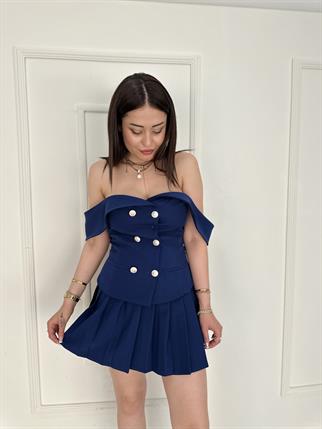 Pileli Etek Düğme ve Yaka Detaylı Üst Takım Lacivert