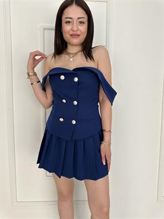 Pileli Etek Düğme ve Yaka Detaylı Üst Takım Lacivert