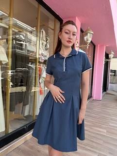 Polo Yaka Pileli Elbise Mavi 