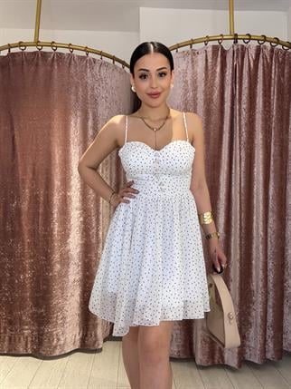 Puantiye Detay Mini Tül Elbise Beyaz