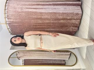 Şerit Taş Detaylı Triko Etekli Takım Bej