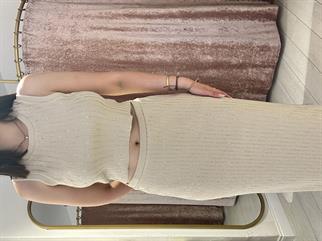 Şerit Taş Detaylı Triko Etekli Takım Bej