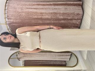 Şerit Taş Detaylı Triko Etekli Takım Bej