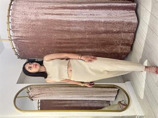 Şerit Taş Detaylı Triko Etekli Takım Bej