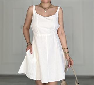 Sırt Dekolteli Keten Mini Elbise Beyaz