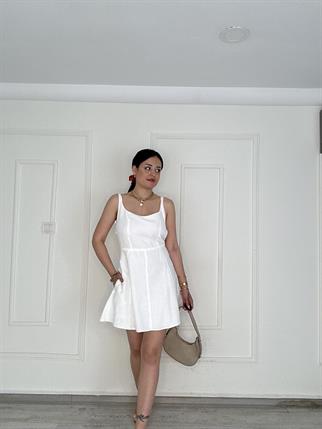 Sırt Dekolteli Keten Mini Elbise Beyaz