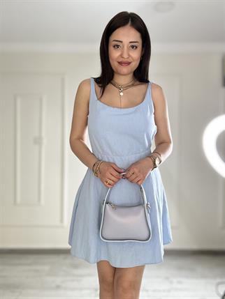 Sırt Dekolteli Keten Mini Elbise Mavi