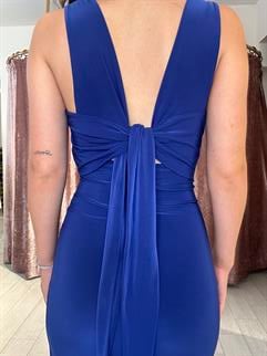 Sırt Dekolteli Yan Yırtmaçlı Uzun Elbise Mavi