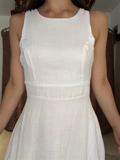 Sırt Detay Müslin Kumaş Midi Elbise Beyaz 