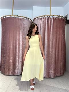 Sırt Detay Müslin Kumaş Midi Elbise Sarı 