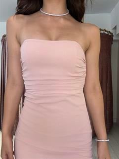 Sırt Detay Uzun Gece Elbisesi Pudra