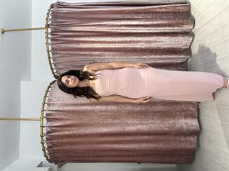 Sırt Detay Uzun Gece Elbisesi Pudra