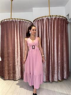 Sırt Ve Pencere Detay Tokalı Uzun Elbise Pembe