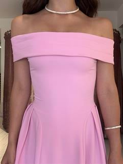 Straplez Omuz Detay Uzun Elbise Pembe 