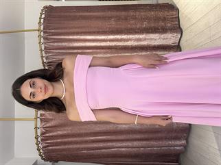 Straplez Omuz Detay Uzun Elbise Pembe 