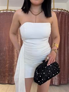 Straplez Tül Elbise Beyaz