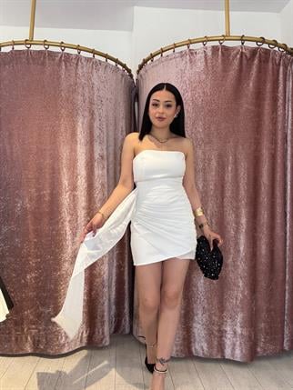 Straplez Tül Elbise Beyaz