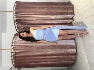 Straplez Tül Mini Elbise Mavi