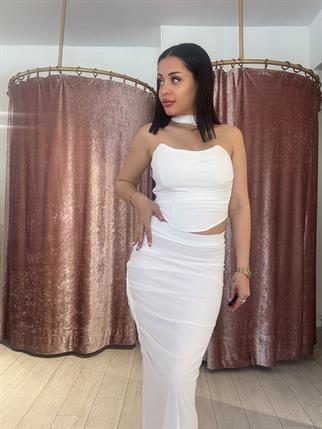 Straplez Uzun İkili Takım Beyaz