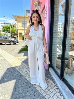 Tek Düğmeli Yelekli Keten Takım Beyaz