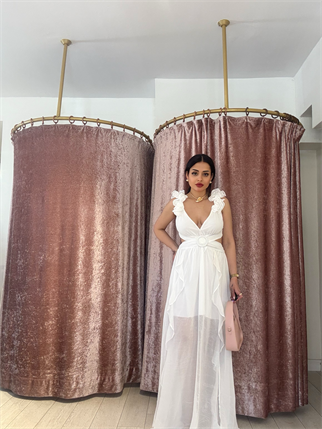 Toka Detay Uzun Elbise Beyaz