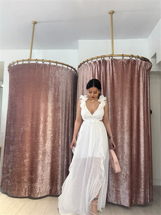 Toka Detay Uzun Elbise Beyaz