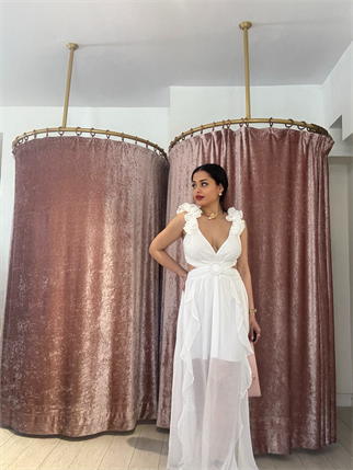 Toka Detay Uzun Elbise Beyaz