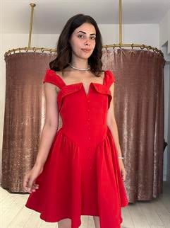 Yaka Ve Düğme Detaylı Elbise Kırmızı