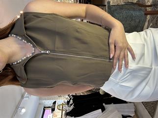 Yakalı Fermuarlı Crop Haki