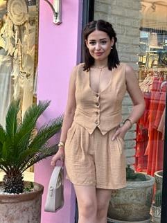 Yelek Şort Keten Takım Hardal