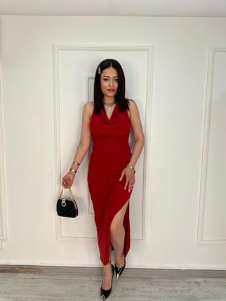 Yırtmaç Detay Elbise Kırmızı